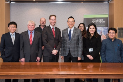 Photo; Visit.jpg University’s Deputy Vice-Chancellor – International and Business Development, Mr Jeremy Baker, centre left, and Thai Ambassador to New Zealand, His Excellency Maris Sangiampongsa, centre right, meet at Lincoln University, along with delegates and University staff.